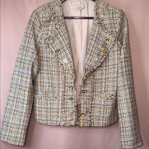 Tweed Blazer Jacket Gold Button Textured Structured Spring Chic